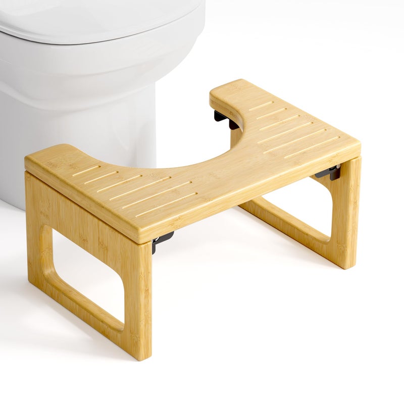 AmazerBath 8.5 Inches Bamboo Toilet Stool Squat for Adults, Collapsible Poop Stool for Bathroom, 0.79" Thickness Squatting Potty with Non-Slip Strip, Space-Saving, Natural Color - Image 1